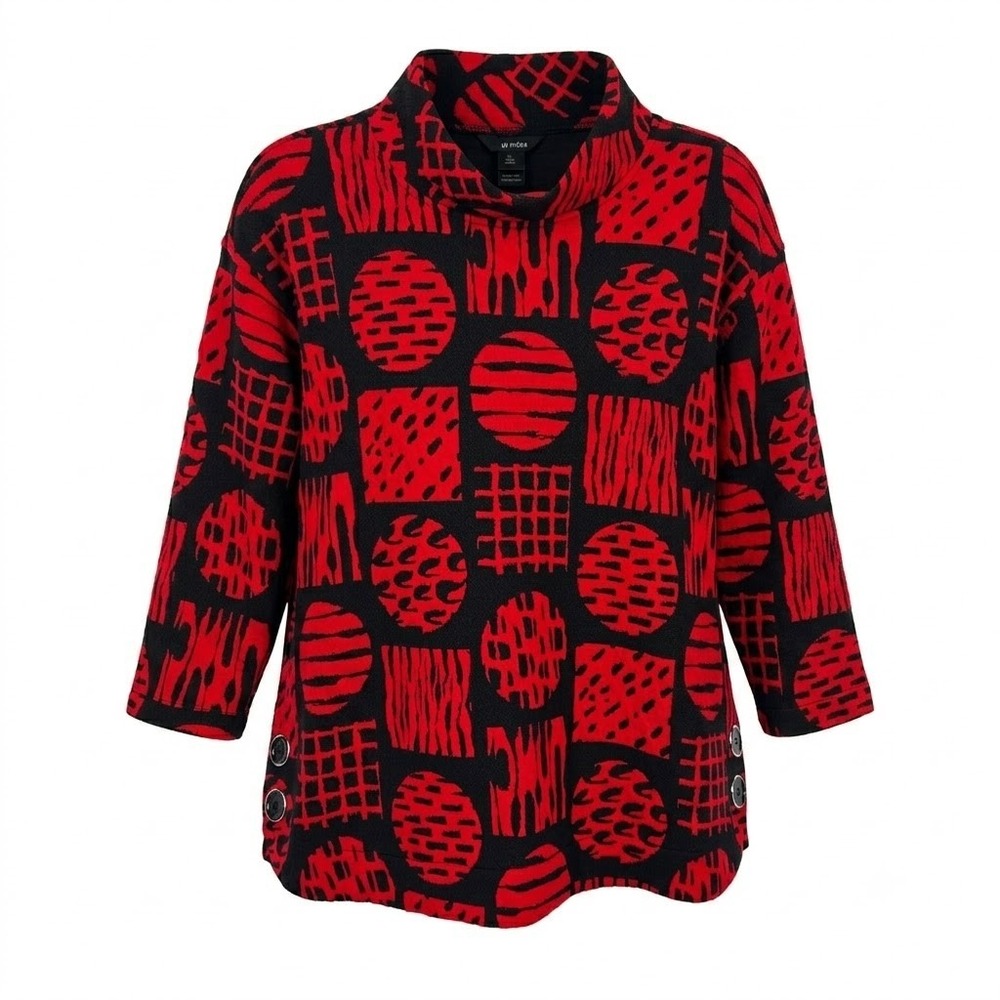 NEW Ali Miles XL Red Black Geometric Abstract Cowl Neck 3/4 Sleeve Tunic Top
